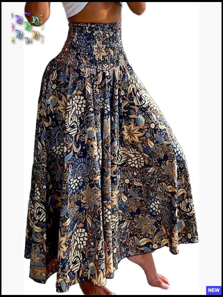 Boho Floral Shirred High Waisted Wide Leg Pants Flowy Trousers Summer Beach Wear